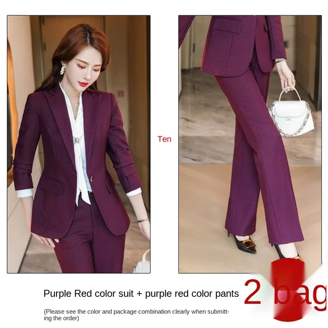 2021 New Year High-quality Professional Wear Plus Size Women's Casual Office Long-sleeved Suit High-waist Trousers 2-piece Set Purplish red