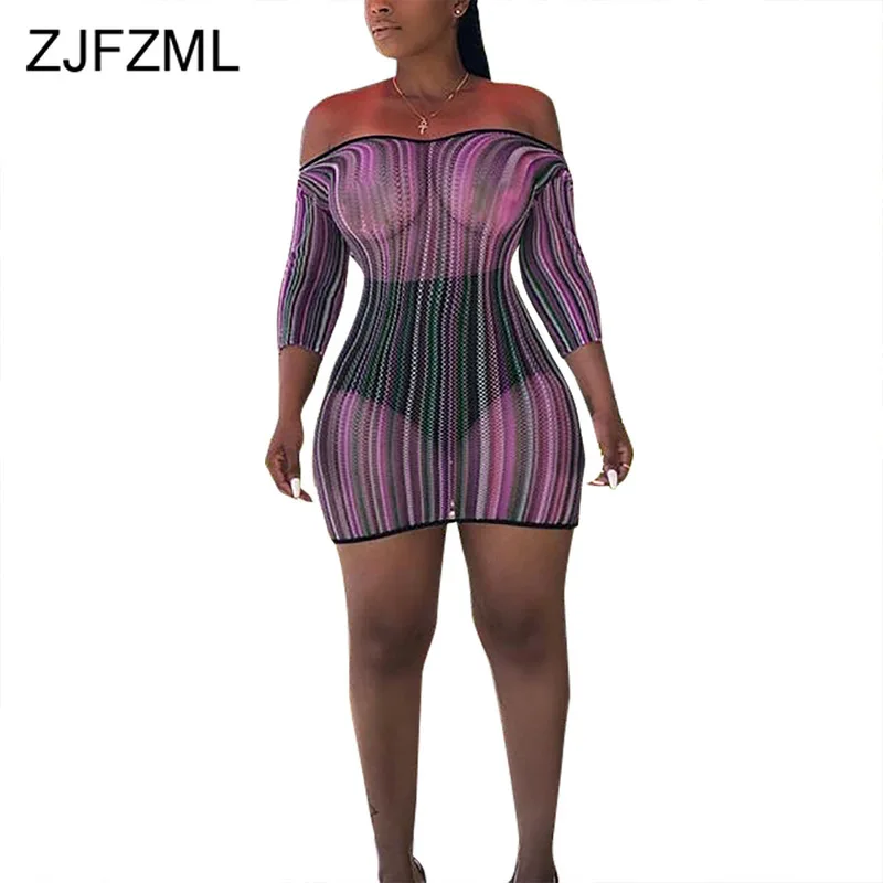 

Sexy Rainbow Striped Wrap Mini Dress Women Off Shoulder Perspective Bodycon Sundress Plus Size Backless Party Bandage Dress