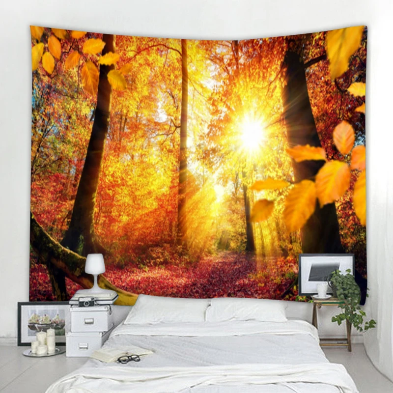 Nordic Nature Landscape Tapestry Sunshine Maple Forest Decoration Wall Tapestry Art Deco Blanket Curtain Hanging at Home Bedroom
