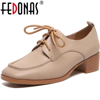 

FFEDONAS New Spring Summer Women Basic Thick Heels Pumps Platforms Shoes Point Toe Concise Cow Leather Cross Tied Shoes Woman