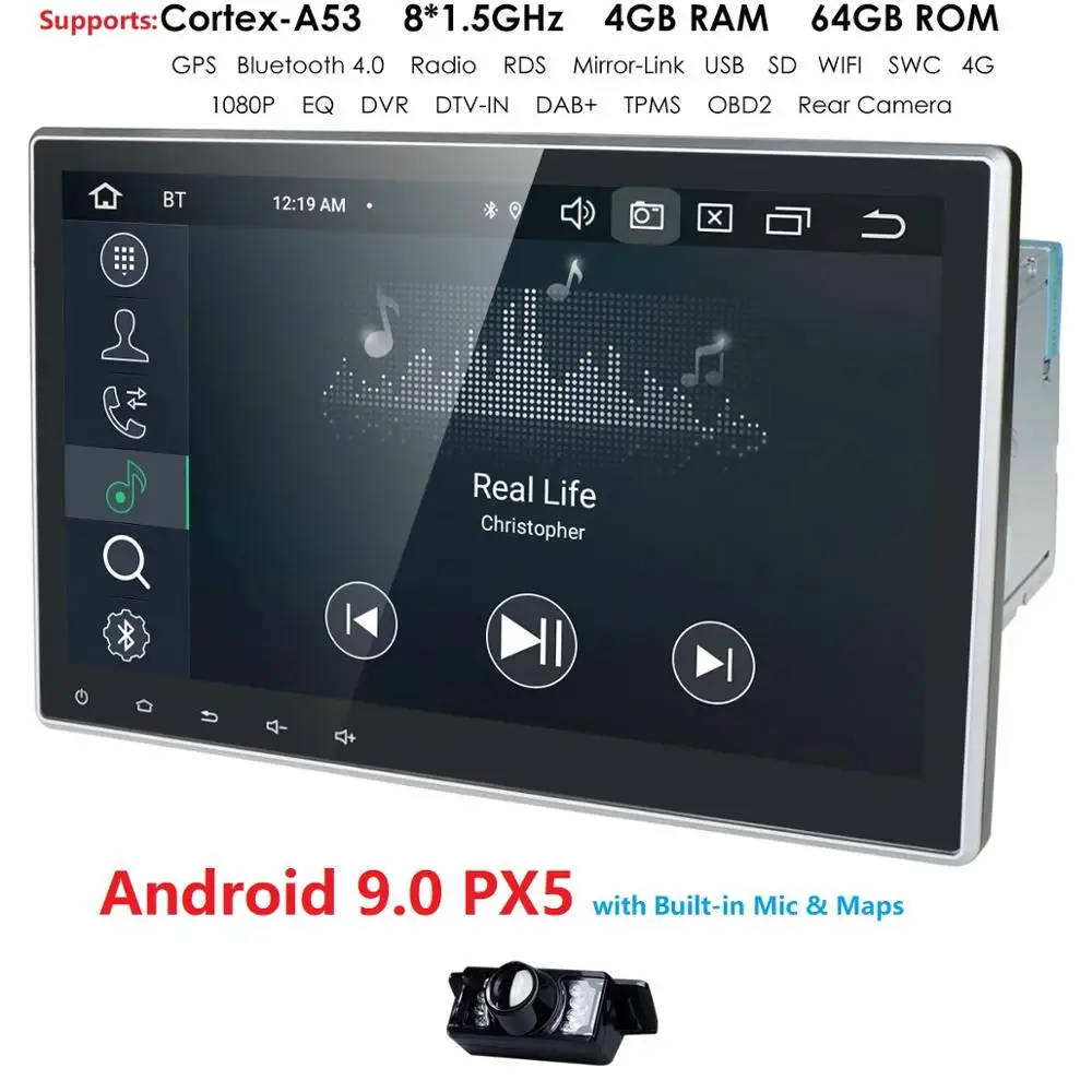 

10.1" PX5 Android 9.0 Universal Car DVD Radio Player 2 DIN GPS Navigation 4GB+64GB 1024*600 DSP RDS 4G WIFI Bluetooth SWC DAB