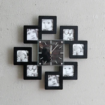 

Wood Photo Frame Wall Black White Watch Sets Photo Wall Combination Photo Frame DIY Creative Wall Clock Decoration Craft Clock