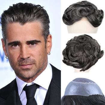 

YY Wigs 1B Natural Black Mixed Grey Human Hair Toupee Men Mono Net & PU Remy Hair Replacement System Men's Toupee 6 Inch 8x10