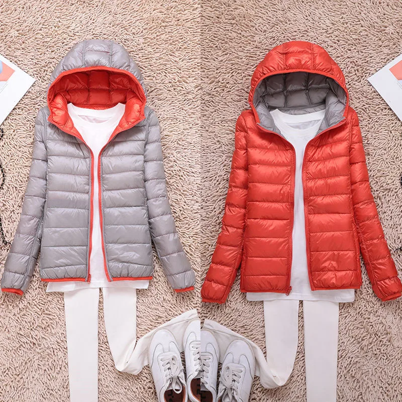 gray orange Ультра легкие двухсторонние осенние парки женские пуховые пальто с капюшоном Новые зимние тонкие теплые пуховики Женская Повседневная Верхняя одежда - Цвет: gray orange