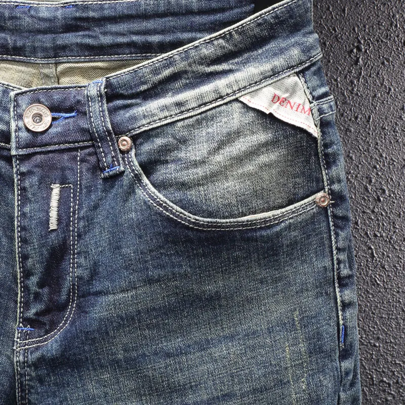 Newly Vintage Fashion Jeans High Quality Retro Blue Elastic Slim Fit Ripped Jeans Men Embroidery Designer Casual Denim Pants