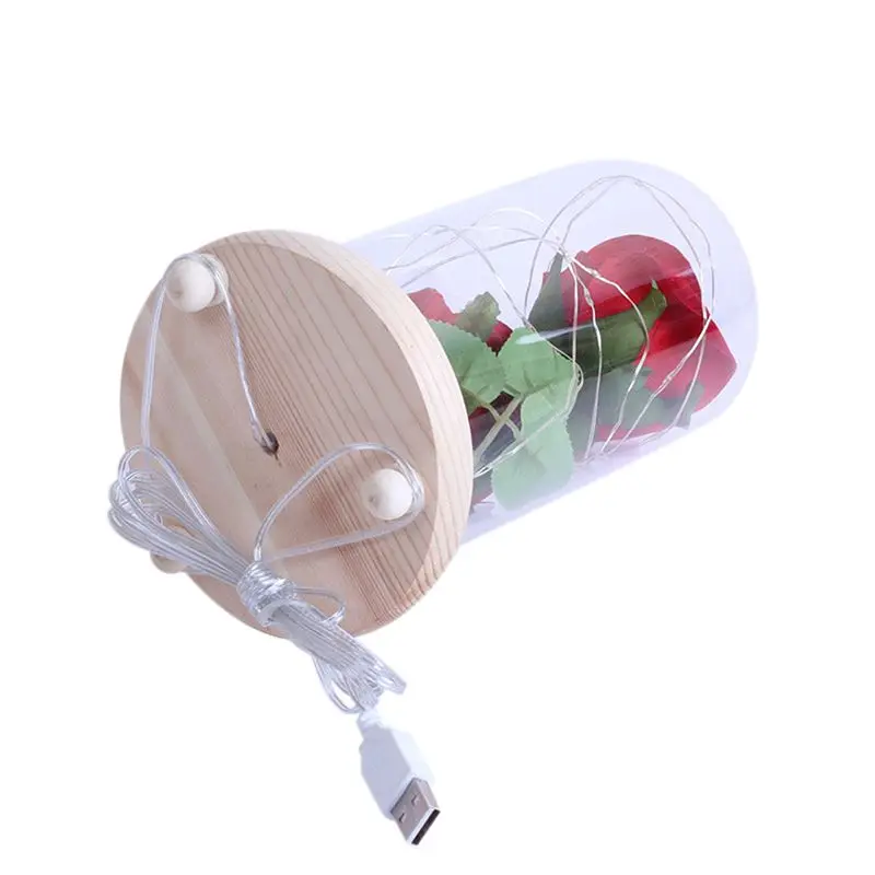 USB Powered Искусственные Шелковые Розы в стеклянном Куполе С светодиодный светильник на деревянной основе отличный подарок для женщин и девушек