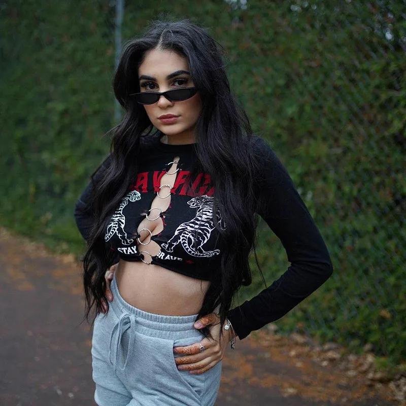 QICIUS Egirl ahuecados, gótica, Top corto Emo de núcleo de hada Grunge, camiseta de manga larga para Mujer|Camisetas| - AliExpress