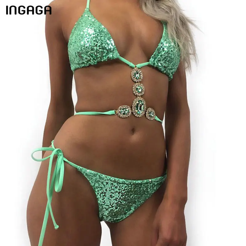 

INGAGA Solid Shiny Micro Bikini Halter Swimsuit Strap Swimwear Women Sexy Diamond Biquini Push Up Bathing Suit Women 2020