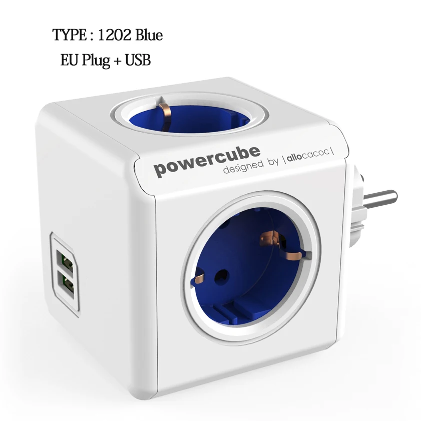 Allocacoc power cube EU Plug power Strip 4 AC розетка адаптер пробки 3680 Вт несколько портативных 2 USB порта зарядное устройст - Цвет: blue