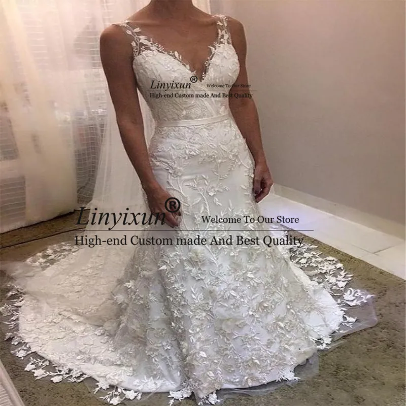 

robe de soiree 2019 New Elegant Appliqued Lace Wedding Dress Mermaid V-neck Zipper Back Wedding Gown Vestido De Novia
