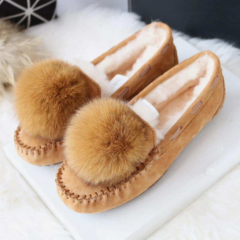 Autumn Winter Suede Shoes Women Flats Genuine Leather Flat Shoes Natural Wool Sheep Fur Natural Ball Fox Fur Women Shoe - Цвет: Maroon suede