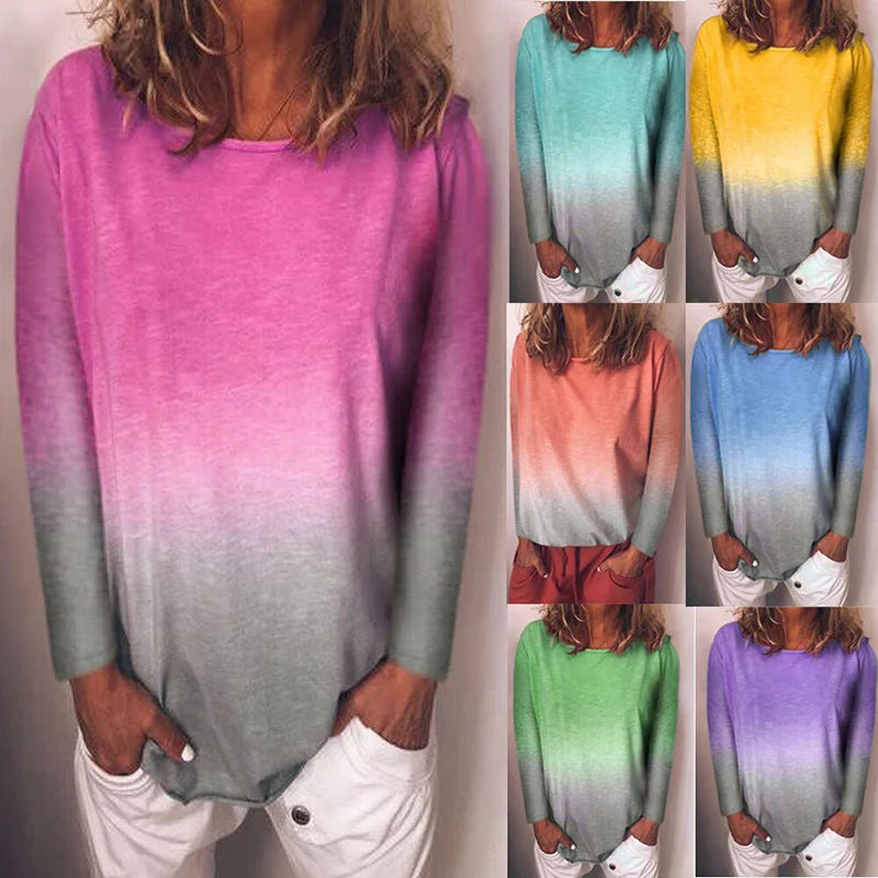 

Hot Sale Women Long Sleeve Round Collar Gradient Color T-shirt Tee Top Loose for Beach CXZ