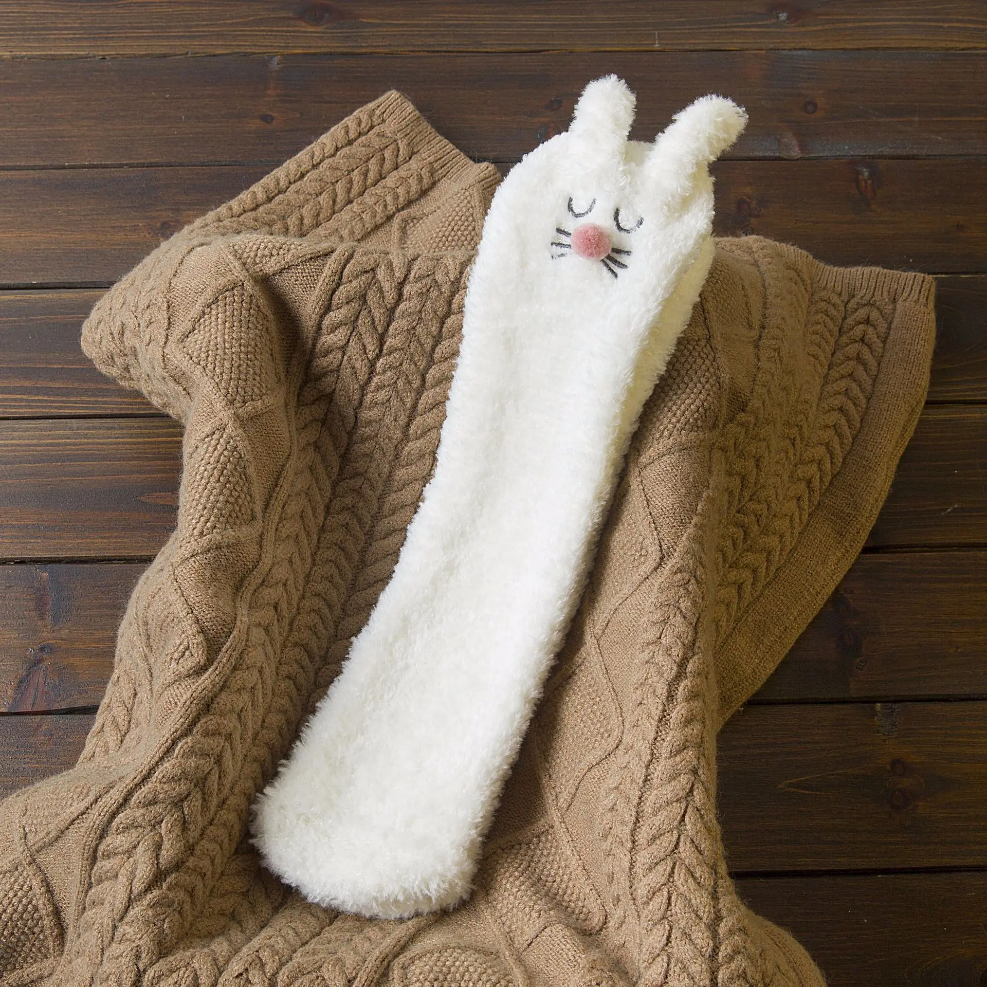 Winter Cute Three-dimensional Cartoon Socks Rabbit Thickened Warm Lady Tube Sleep Coral Velvet Floor Socks B1 - Color: White