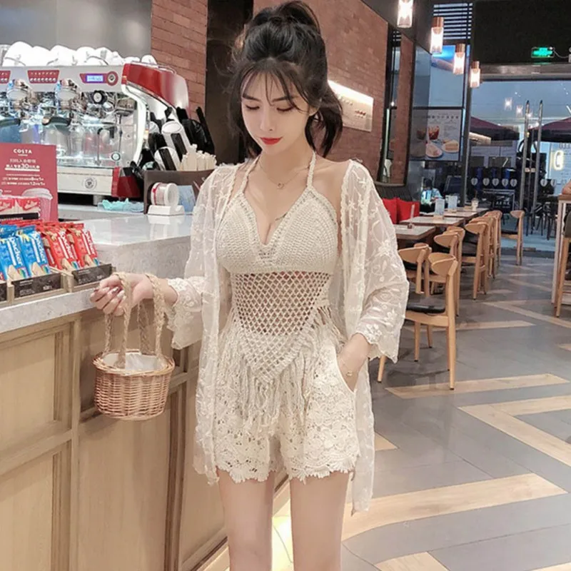 Summer Hot Beach Crochet Camis Women Sexy Tassles Halter Camis Lady Holiday Seaside Camis