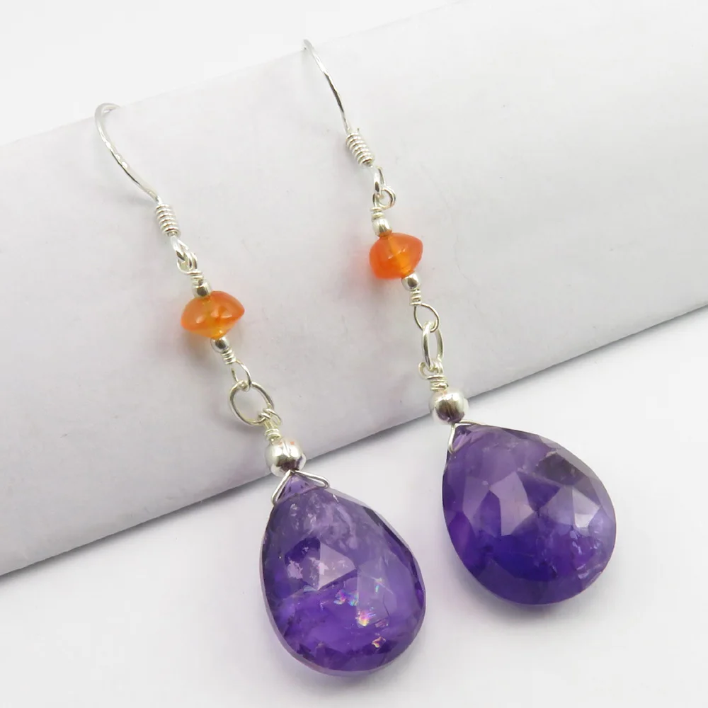 

92.5% Solid Silver Mix Color AMETHYST, CARNELIAN Beaded Earrings