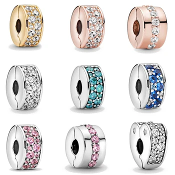 

2020 New Original 925 Silver Beads white Pavé Heart clip blue colour Charms Fit Pandora Bracelet DIY Women Jewelry