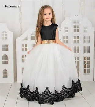 

New Long Girls Pageant Dresses Black Lace Gold Ribbon Flower Girl Dresses For Teens Formal Holy Pageant Gown