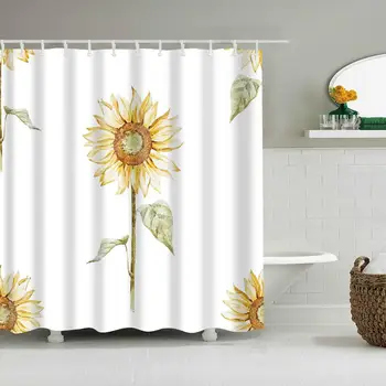 

Waterproof Thicken Golden Sunflower White Bathroom Polyester Mildew Proof Bath Tub Shower Curtain with 12 pcs Hooks