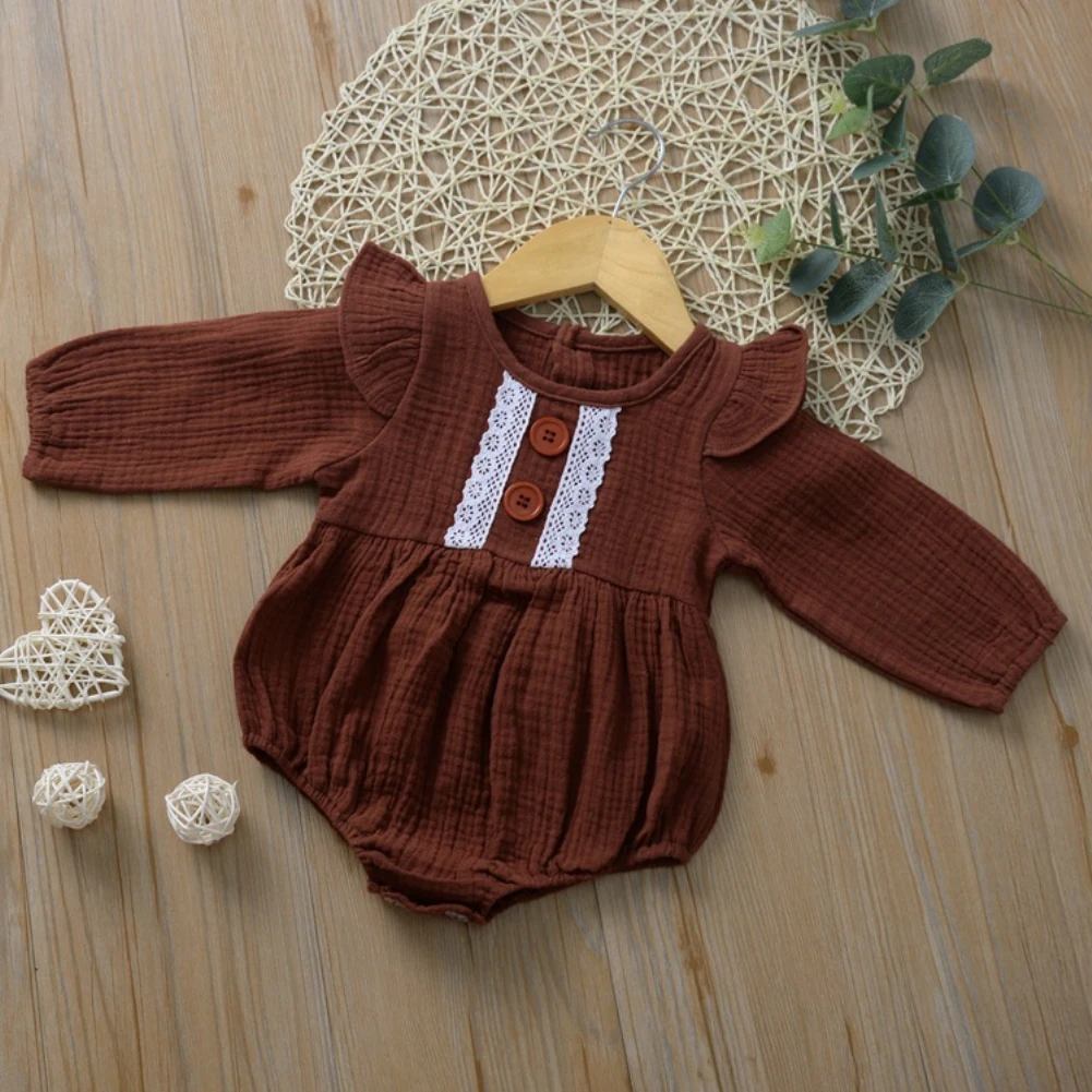 Focusnorm 4 Colors 0-18M Infant Baby Girl Clothes Long Sleeve Button Bodysuit Off Shoulder Cotton Soft Jumpsuit Overall Outfit
