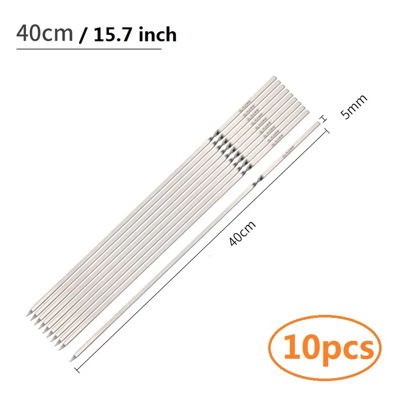 10pcs 25/30/40/45cm BBQ Skewers Stainless steel Barbecue Kebab Flat Barbecue Needle Stick Metal Outdoor Picnic BBQ Accessories