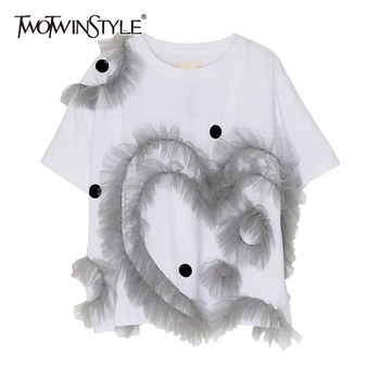 

TWOTWINSTYLE Causal Patchwork Ruffles Asymmetrical T Shirts Women O Neck Short Sleeve Loose Hit Color Irregular T-shirts Female
