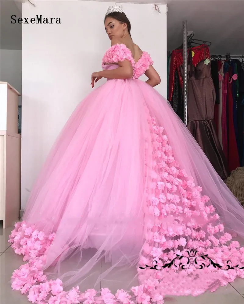

Princess Pink Sweet Quinceanera Prom Dresses Ball Gown Off Shoulder Hand Made 3D Flowers Vestidos 15 Anos Plus Size