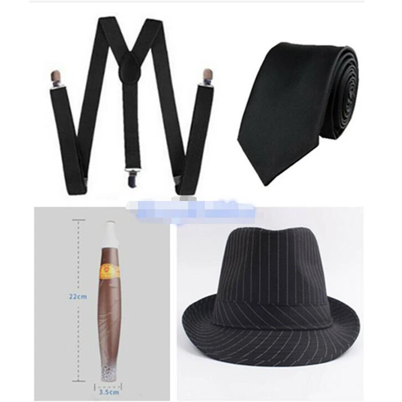 Accessorio Cosplay Mens 1920S 20S Gangster Set Cappello Bretelle Cravatta Sigaro Gatsby Kit Accessori Costume Gatsby Uomo Donna Danza