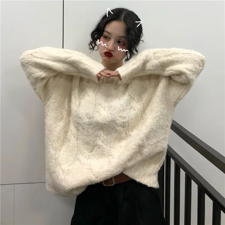 Fdfklak Ретро ins супер огонь твист свободный свитер женский толстый теплый Верхняя одежда длинный рукав Весна Осень свитер женский