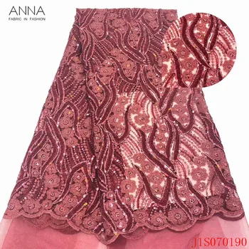 

Anna wine red african embroidery sequins lace fabric 2020 high quality french net lace nigerian tulle fabric 5 yards/pcs for DIY