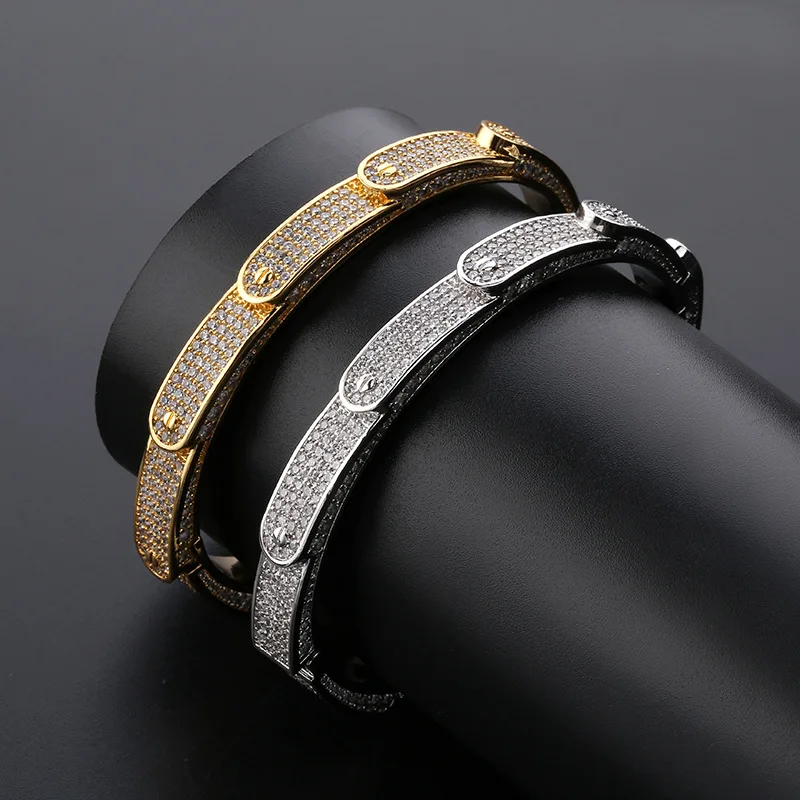 Микро проложили AAA+ кубический цирконий Bling Ice Out перо открытый манжеты браслеты для мужчин и женщин хип хоп рэппер ювелирные изделия золото