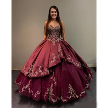 Modest Burgundy Gold Embroidery Quinceanera Prom dresses Sweetheart Satin Beadeds Ball Gown for Girls Party Sweet 15 Vestid