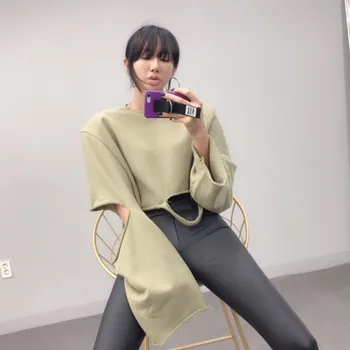 

[EWQ] 2020 Spring Autumn New Pattern Round Collar Long Sleeve Hole Patchwork Solid Pullovers Casual Sweatshrit Women 3AJ90812