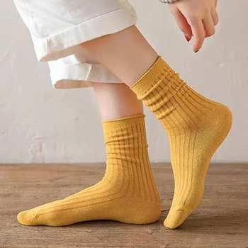 

Autumn Winter Vintage Casual Cute Women's Socks Breathable Cotton Thin Wide Stripe Funny Short Socks Solid Retro Tube Socks