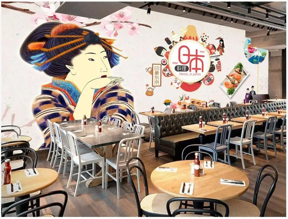 

wall paper 3 d home decor custom mural on the wall Japanese cuisine sushi lady geisha dining photo wallpaper in the living room