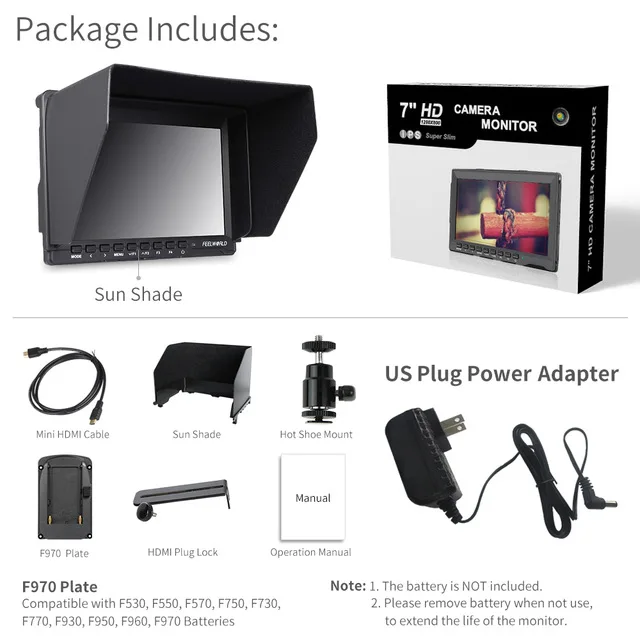 Feelworld FW759 7 дюймов ips 1280x800 камера поле DSLR видео монитор для BMPCC Canon sony с пиковым фокусом HD " ЖК - Цвет: US Plug Adapter