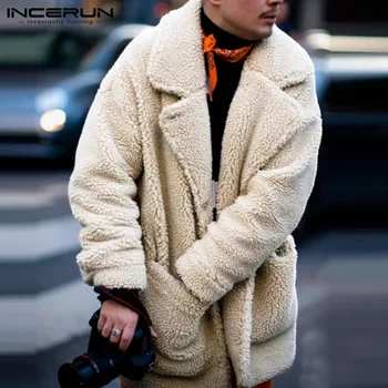 

INCERUN Fashion Faux Fleece Men Coats Solid Outerwear Plush Pockets 2020 Long Sleeve Fluffy Overcoat Streetwear Men Trench 5XL