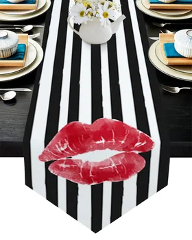 

Stripes Lip Print Hand Painted Table Runner Wedding Table Decor Flower Cake Tablecloth and Placemat Christmas Decor