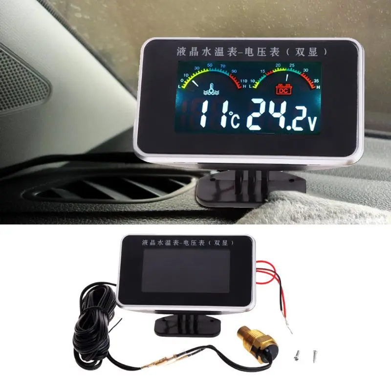 

12V/24V Car LCD Water Temperature Meter Thermometer Voltmeter Gauge 2in1 Temp & Voltage Meter 17mm Sensor