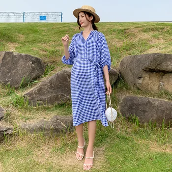 

8608# Summer Korean Fashion Blue Plaid Maternity Long Dress Ties Waist Slim Loose Clothes for Pregnant Women Pregnancy Blouses