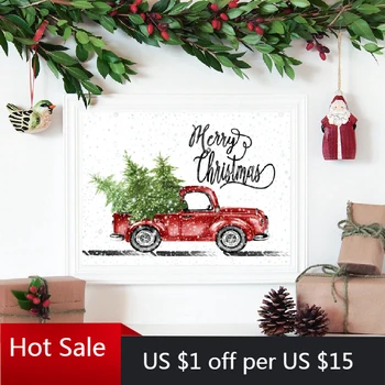 

Retro Christmas Wall Decor Cartoon Truck Christmas Trees Prints Vintage Art Canvas Painting Poster Room Decoration Christmas Gif