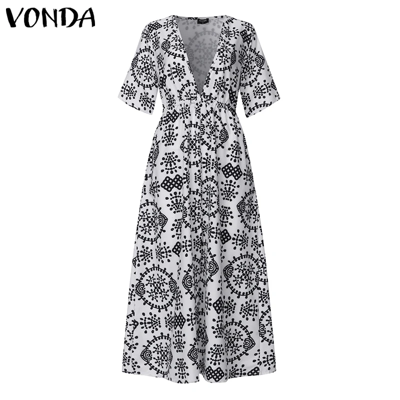 VONDA/ богемное платье для беременных с принтом, сексуальное женское летнее платье с разрезом, короткий рукав, длинный халат, повседневные свободные вечерние пляжные платья - Цвет: Белый