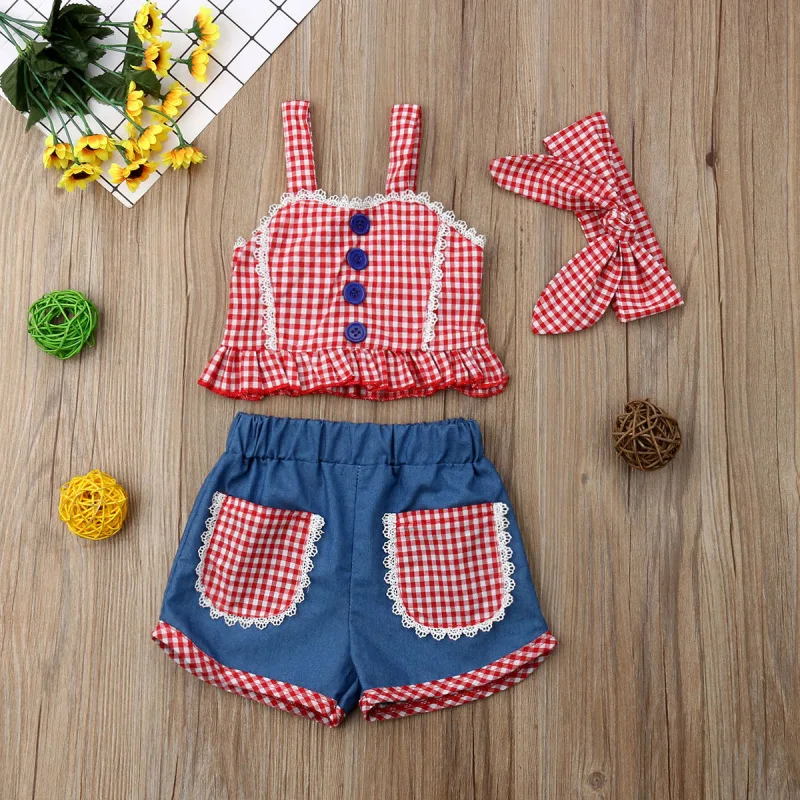

Europe And America Childrenswear Summer New Style 2019 GIRL'S Suit Camisole Plaid Tops Shorts Hair Band