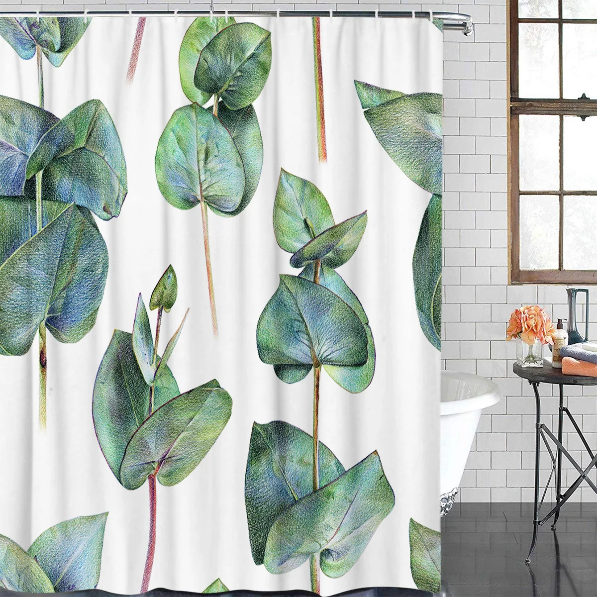 Eco Friendly Shower Curtain Plant Flowers And Leaves Printed Shower