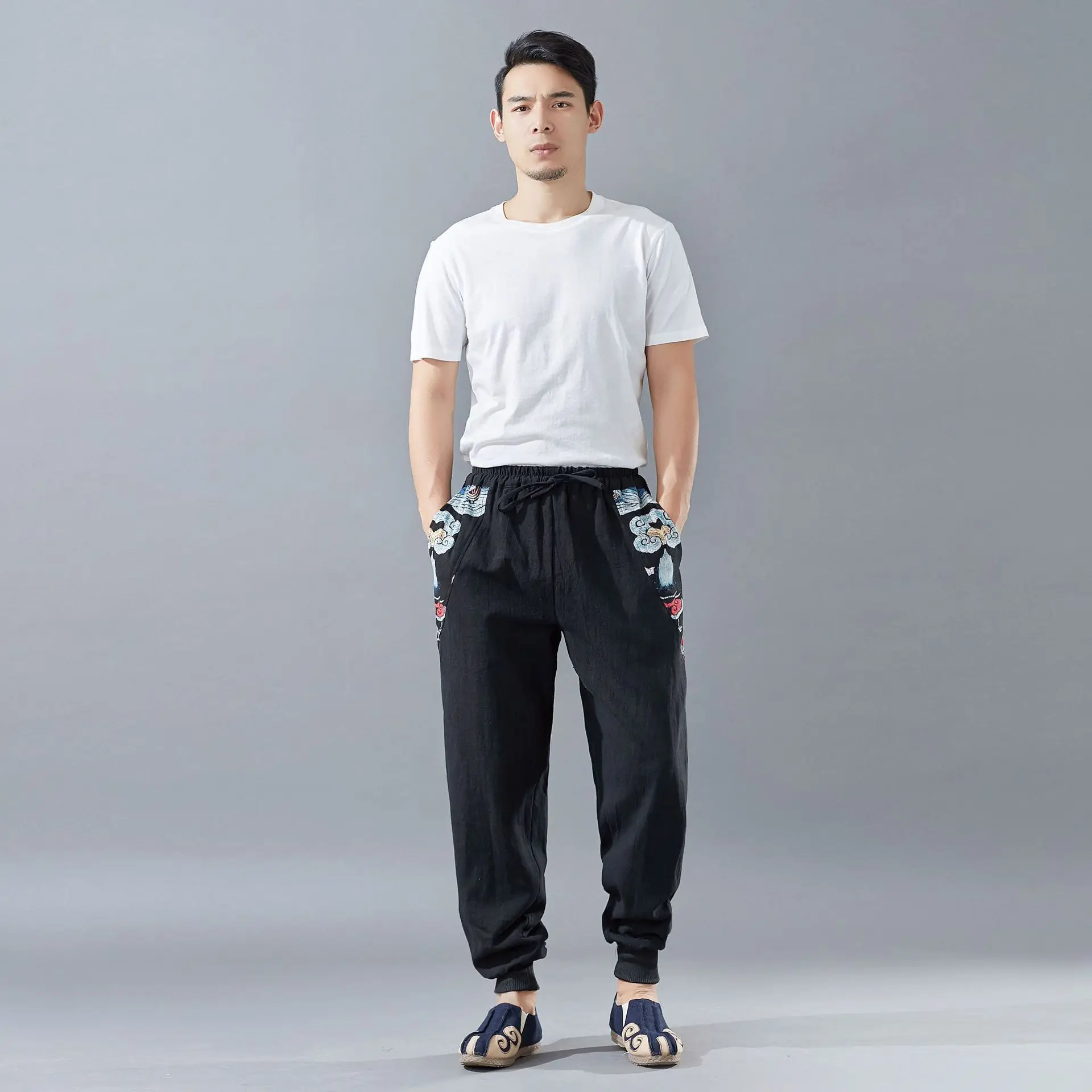 

New Style Spring Ramie Men's Trousers Two-Piece Pants Ethnic-Style Casual Pants Men Legs Skinny Pants Thin Capri Pants