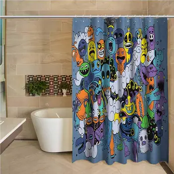 

Indie Precision Custom Shower Curtain Group of Funky Monsters Society Different Expressions Abstract Groovy Doodle Style Modern