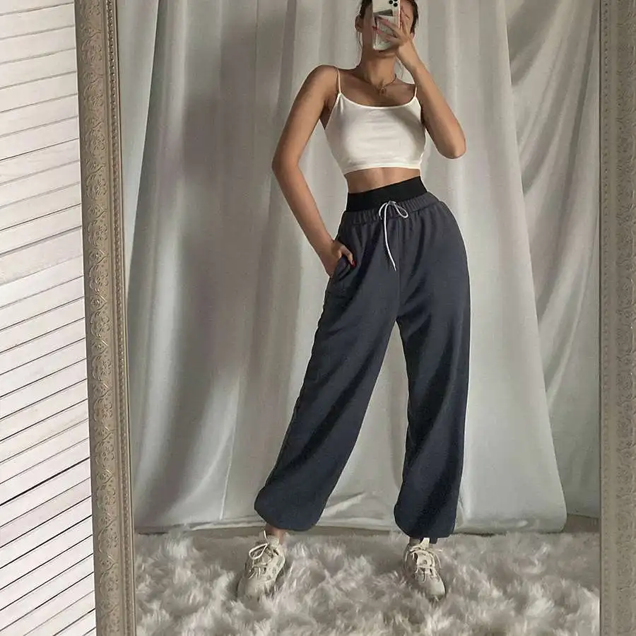 

Joggers Women's Hip Hop Stretch Pants Spliced Elastic Waist Strap High Waist Webbing Loose Sweatpants Women Harajuku Pants fall