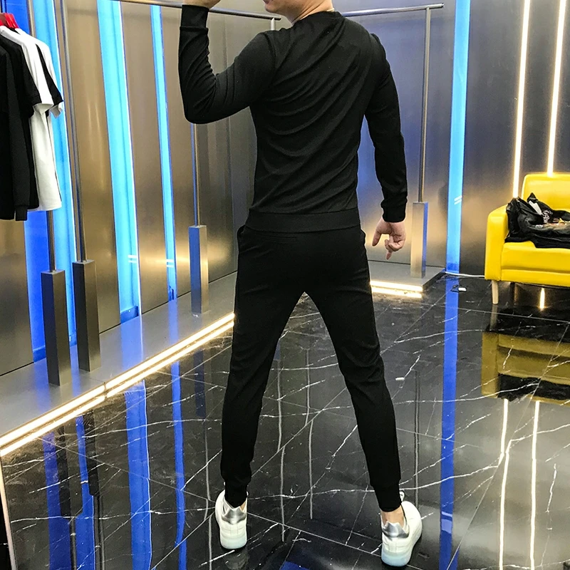 Winter Hot Diamond Shiny Skull New Men's Sets Tracksuit 2-Piece Pants + Hoody Cotton Sweatshirt Oversized Hoodie Streetwear