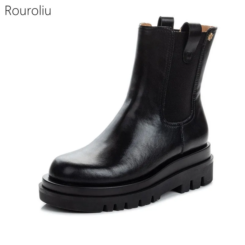 

Rouroliu Women Platform Leather Boots Autumn Winter Motorcycle Long Boot 2020 Riding Shoes Thick Heel