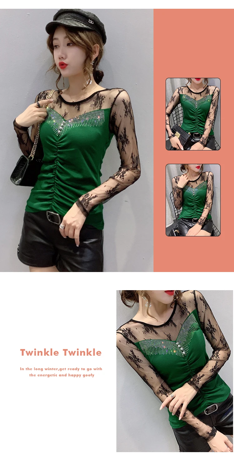 New 2020 Autumn long sleeve Women t-shirts Fashion Sexy hollow out Hot drilling Mesh shirt Plus size womens shirt blusas