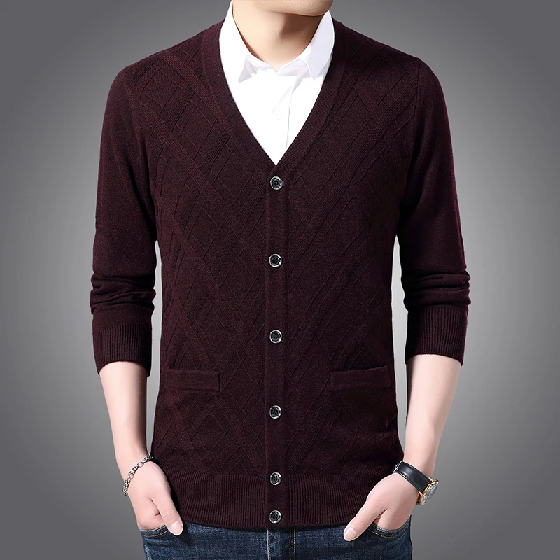 Модный брендовый 6% шерстяной свитер, мужской кардиган с v-образным вырезом, облегающие вязаные Джемперы, жаккардовый зимний повседневный мужской свитер